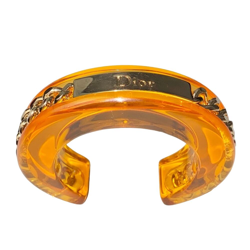 AUTH VTG Christian Dior Orange Lucite Gold Chain Nameplate Logo Cuff Bracelet - Picture 3 of 15